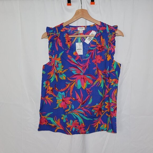 J. Crew Top NWT Multicolor Ruffle sleeves V neck Cotton Women Size SP - Picture 1 of 11